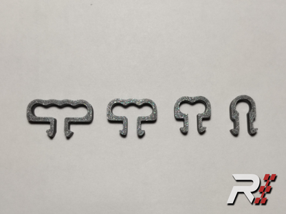 “RaceCraft 3D gray snap-fit cable clip set including single, double, triple, and quad clips for aluminum profile sim rigs.”