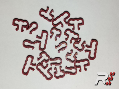 “RaceCraft 3D red 20-piece snap-fit cable clip assortment scattered on display with RaceCraft R logo in the corner, designed for aluminum profile sim rigs.”