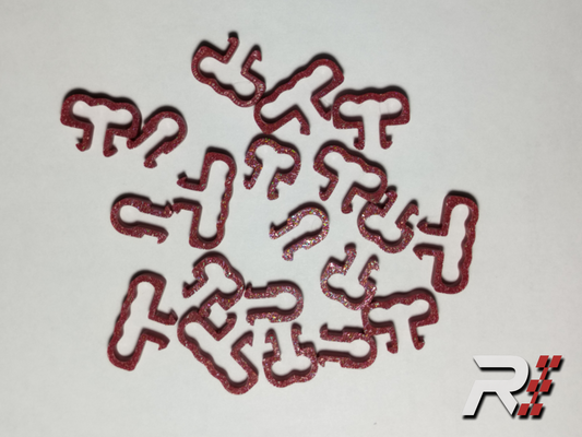 “RaceCraft 3D red 20-piece snap-fit cable clip assortment scattered on display with RaceCraft R logo in the corner, designed for aluminum profile sim rigs.”