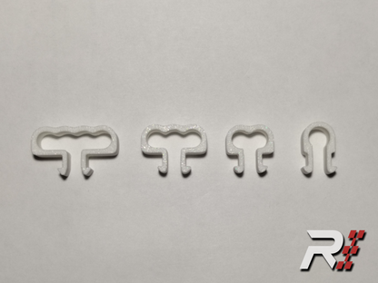 “RaceCraft 3D white snap-fit cable clip set showing single, double, triple, and quad clips for aluminum profile sim rig cable management.”
